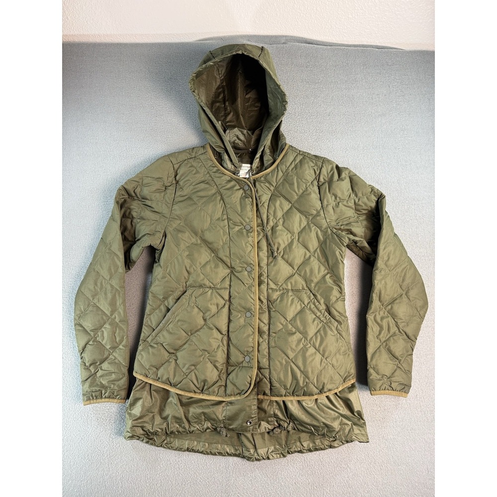 REI Cooperative Quilted Jacket Womens S Green Hooded Down Snap Front 20225-F18